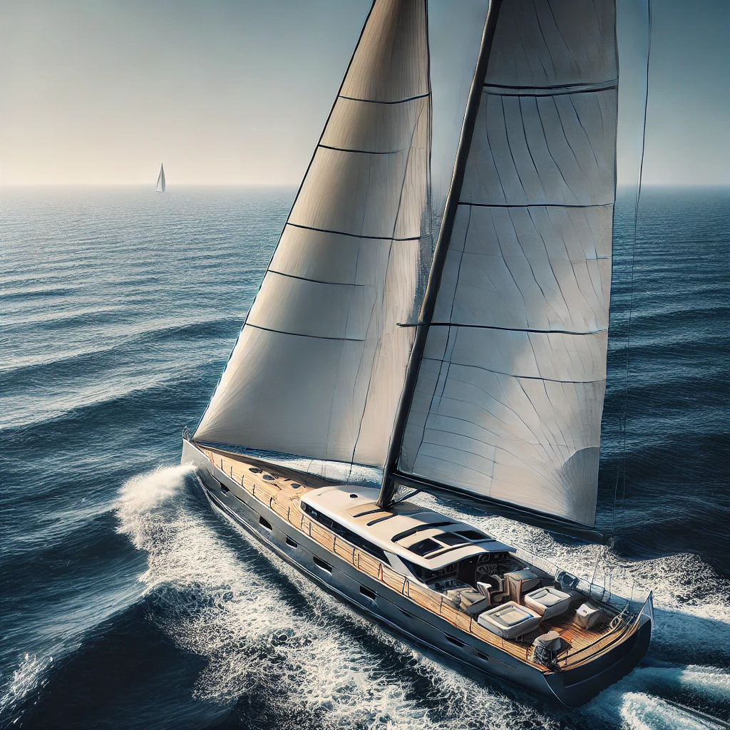 50 ft yacht sailing in the open Atlantic Ocean, showcasing its sturdy design and safety features under a clear sky.