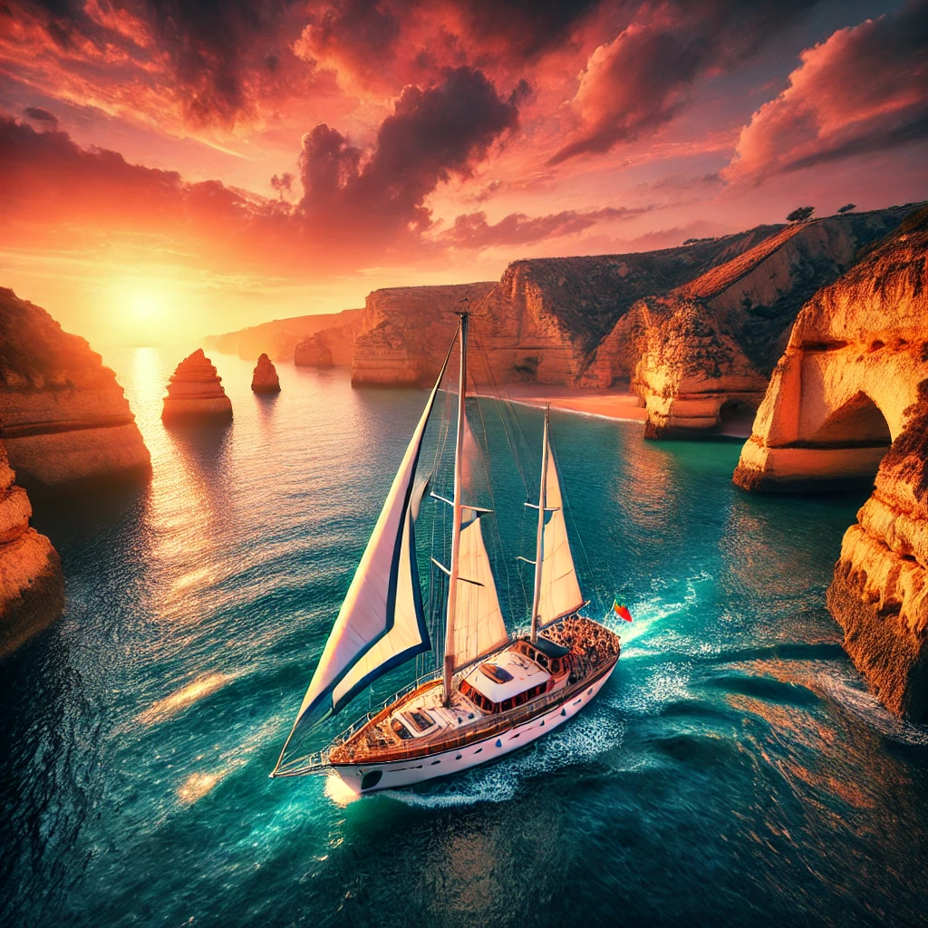 Beautiful sailboat cruising along the Algarve coastline with clear blue waters, dramatic cliffs, and a vibrant sunset sky.