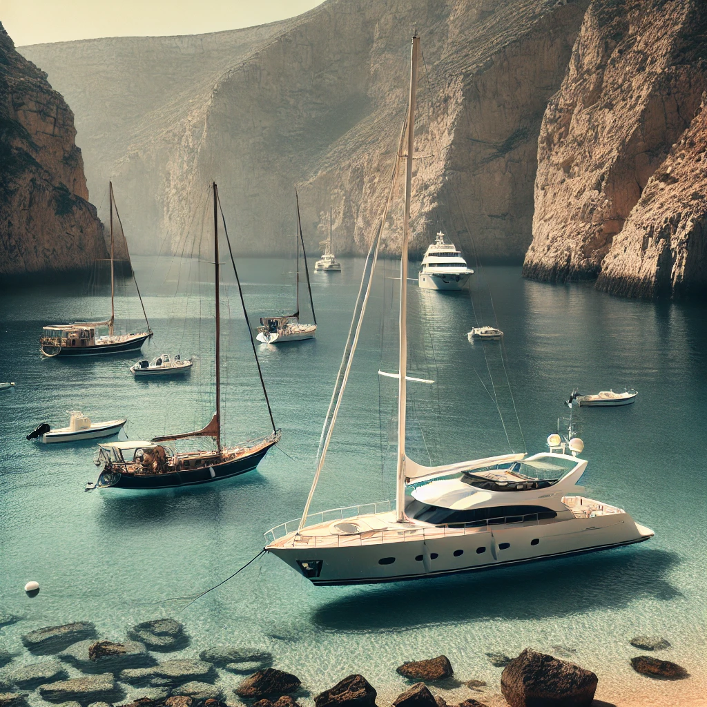 A small selection of boats, including sailboats and a luxury yacht, anchored in calm waters near a peaceful coastal marina in Portugal.