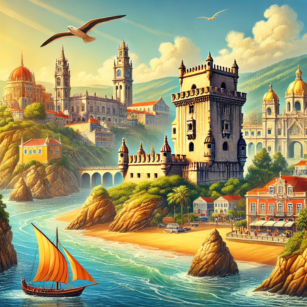 Illustration of Portugal's diverse landscape, featuring Lisbon's Belém Tower, Algarve cliffs, and a sailboat on the Douro River in Porto.