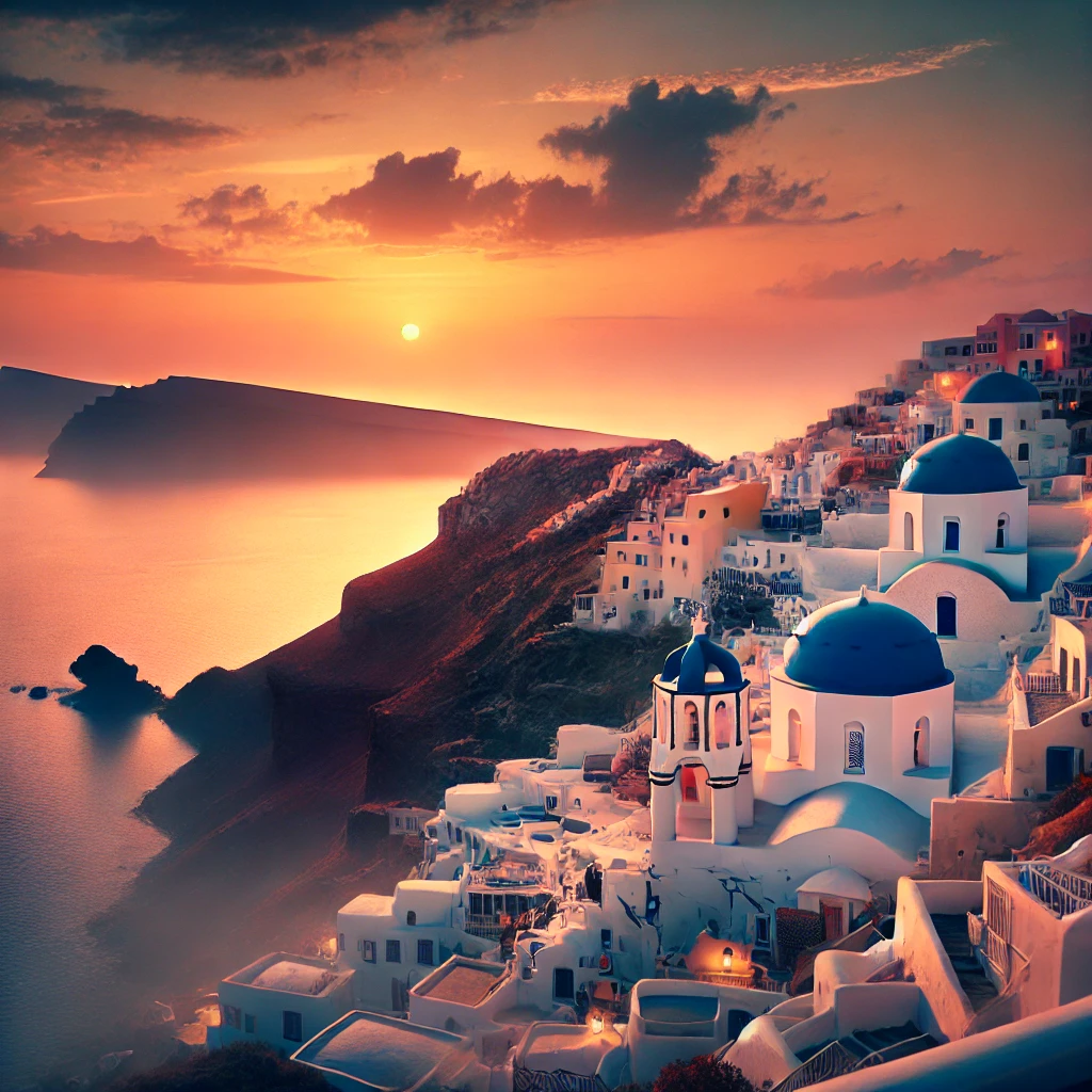 Panoramic view of the Santorini caldera at sunset, featuring white-washed buildings with blue domes perched on the cliffs, overlooking the deep blue Aegean Sea.