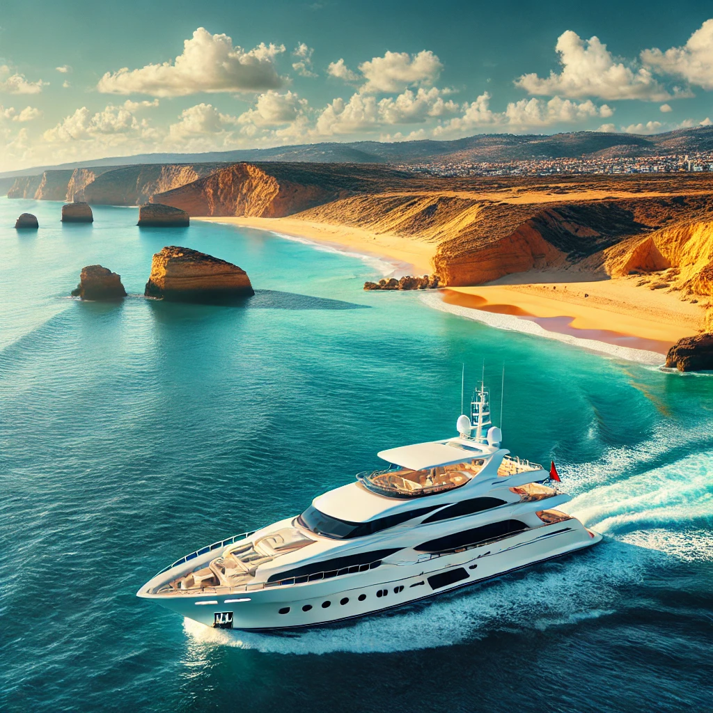 Luxury yacht sailing along the beautiful coastline of Portugal with clear blue waters, golden beaches, and rocky cliffs in the background.