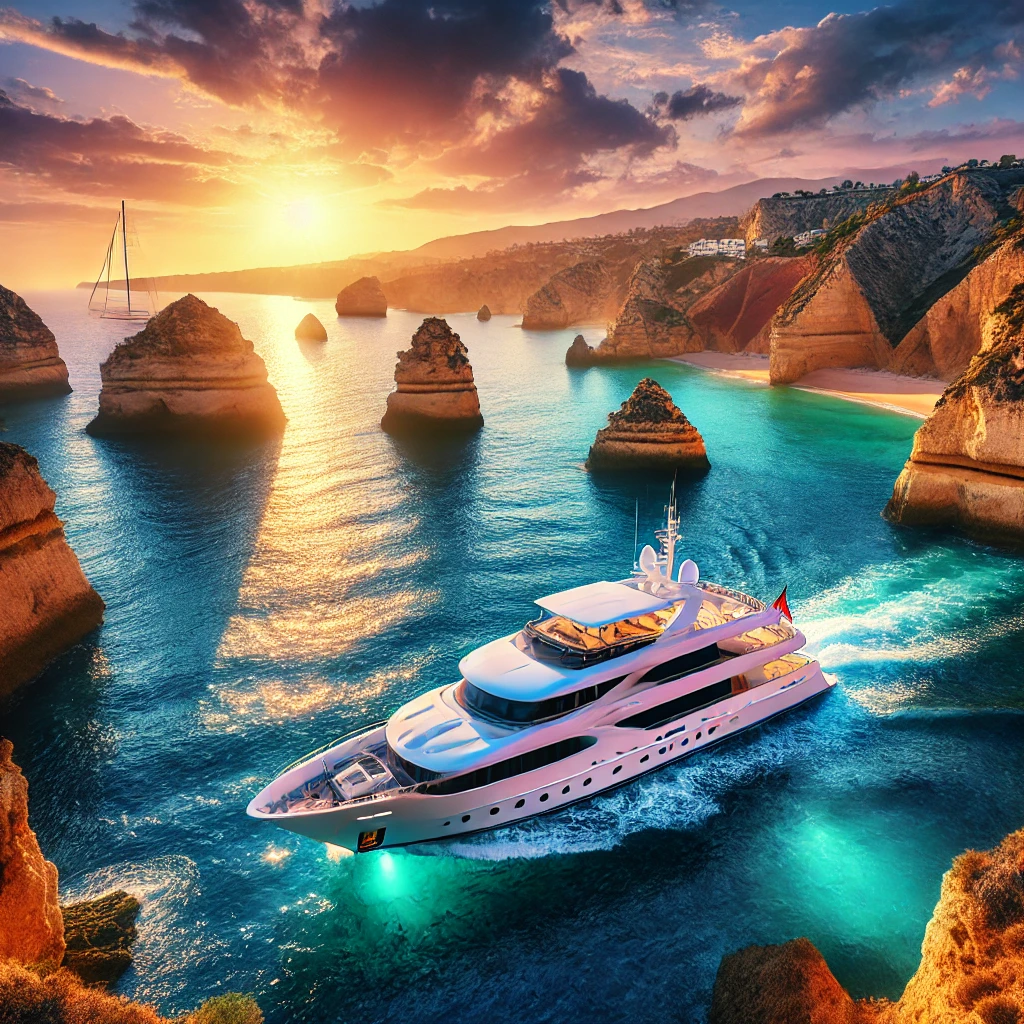 Luxurious yacht sailing along the Algarve coastline with clear blue waters, dramatic cliffs, and a vibrant sunset sky.