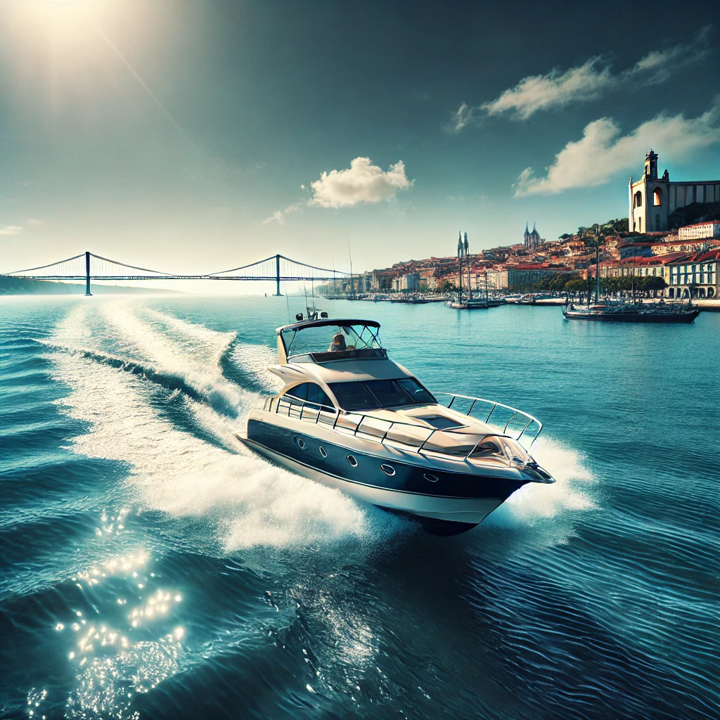 Sleek motorboat cruising along the Lisbon coast with the 25 de Abril Bridge and Belem Tower in the background.