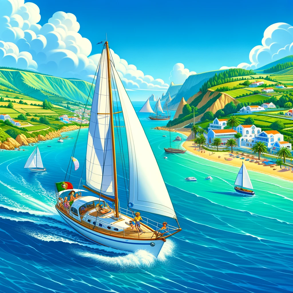 Cartoon sailboat cruising along Portugal's coastline with blue skies and turquoise waters.