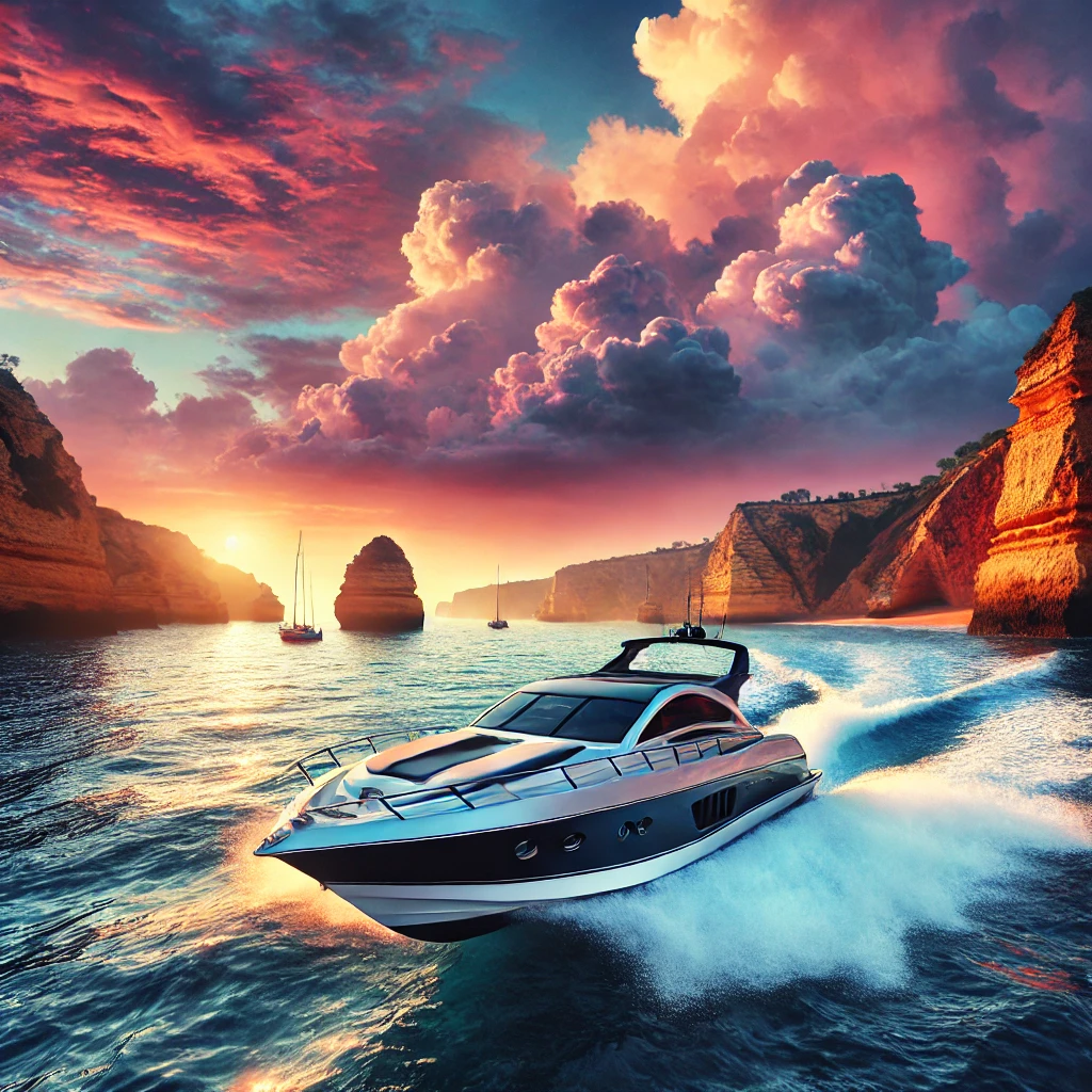 Sleek speedboat cruising along the Algarve coastline with clear blue waters, dramatic cliffs, and a vibrant sunset sky.