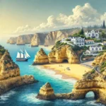 Beautiful coastal scene in Portugal's Algarve region, featuring dramatic cliffs, golden beaches, and clear blue waters under a bright sky, with whitewashed houses on the cliffs.