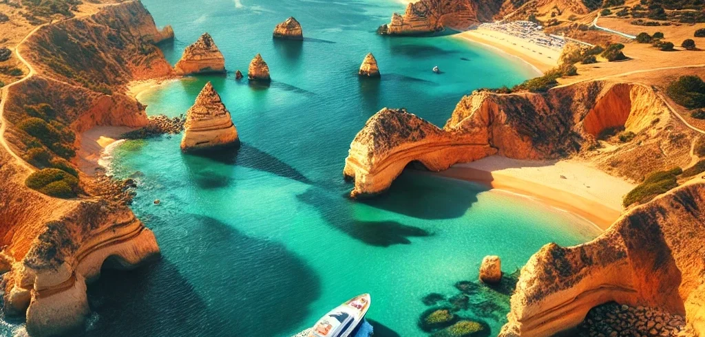 A luxury motor yacht without sails sailing on clear blue waters along the Algarve coastline, with dramatic cliffs, golden beaches, and lush greenery in the background.