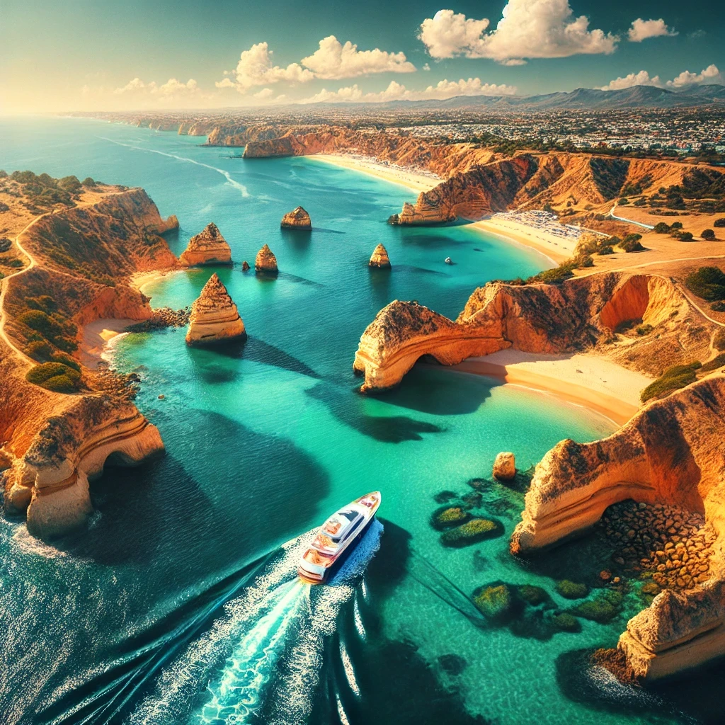 A luxury motor yacht without sails sailing on clear blue waters along the Algarve coastline, with dramatic cliffs, golden beaches, and lush greenery in the background.