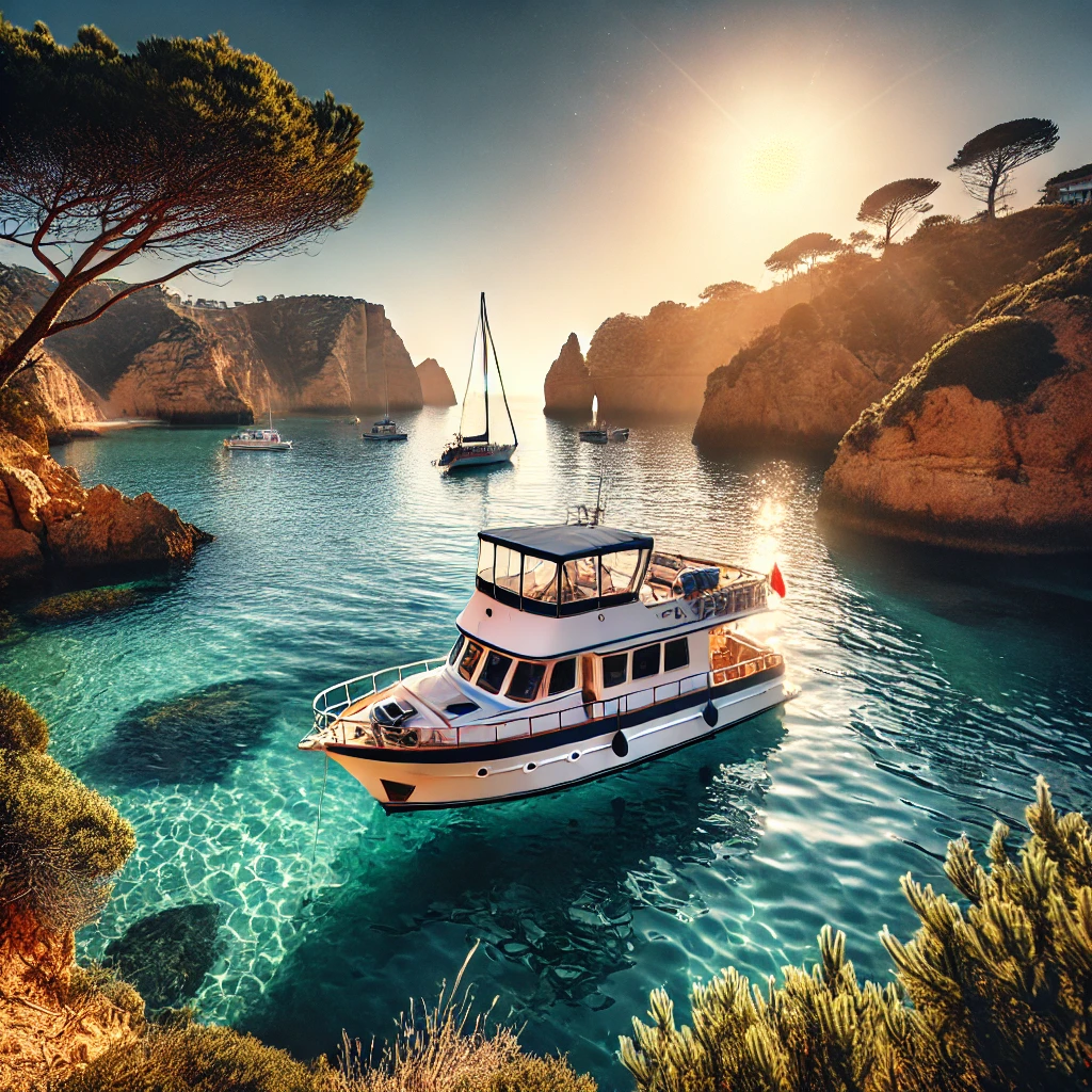 Small yacht anchored in clear blue waters off the coast of Portugal, surrounded by cliffs and greenery, with people enjoying the view.