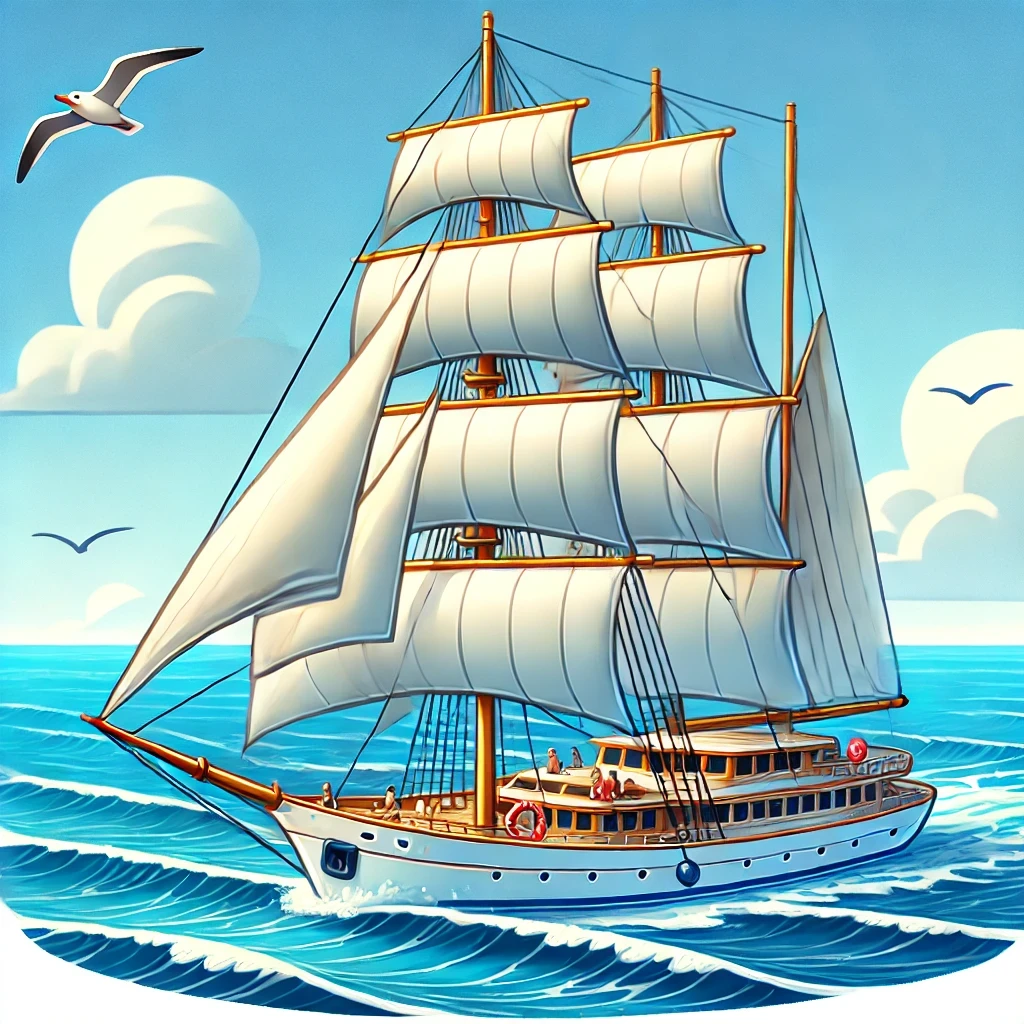 Cartoon image of a yacht sailing across the Atlantic Ocean with large sails, blue ocean waves, a clear sky, and people on board enjoying the journey.