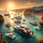 A scenic view of the Albufeira coastline in Algarve, Portugal, showing a variety of boats, including a yacht, speedboat, and sailboat on calm waters with cliffs and a beach in the background during sunset.