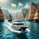 A luxury yacht sailing on clear blue waters near Lagos, Portugal, with the Algarve’s towering cliffs and caves in the background under a sunny sky.