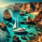 A sailboat glides through clear blue waters near Portugal's Algarve cliffs, showcasing a beautiful coastal boat rental experience.