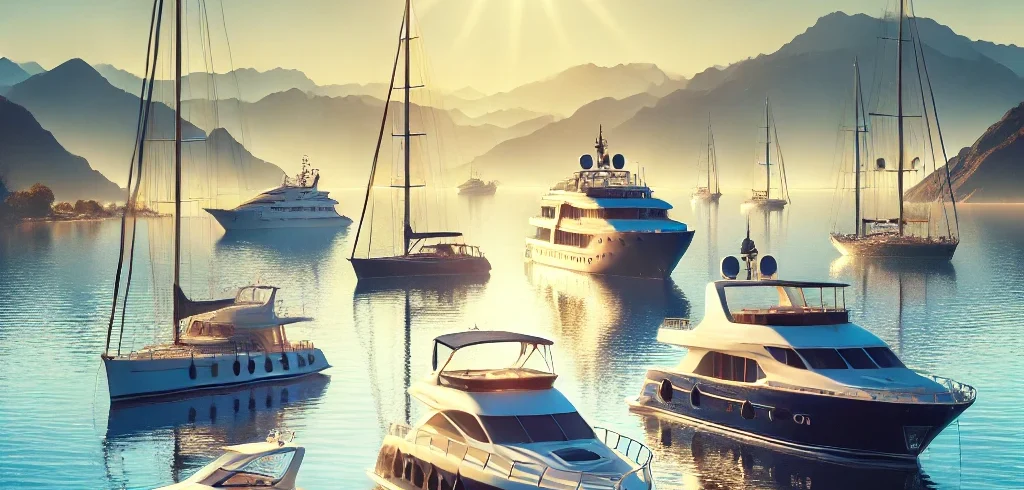 A scenic view of a sailboat, speedboat, and luxury yacht anchored on calm blue waters with mountains and coastline in the background under a sunny sky.