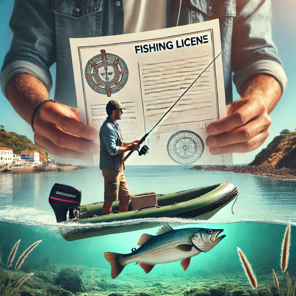 Scenic view of a fisherman on a boat in the waters off the Portuguese coastline, with a fishing license subtly overlaid, representing the legal requirements for sea fishing in Portugal.