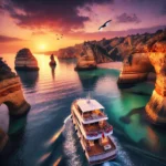 Boat anchored near a secluded beach on the Algarve coast in Portugal during sunset, with dramatic cliffs, natural arches, and the Benagil Cave visible in the distance under an orange and purple sky.